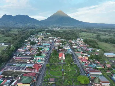 an aerial view of a city with a mountain in the background at Villa Buganvilia Fortuna Centro in Fortuna