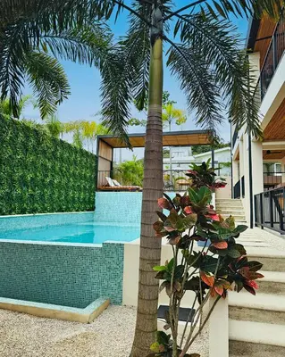 a palm tree next to a swimming pool at Muna Tamarindo in Tamarindo
