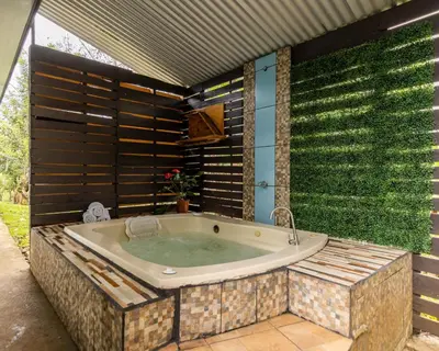 a bathroom with a jacuzzi tub with a green wall at La Casa del Tío Carlos in San Pedro