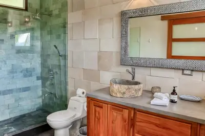 a bathroom with a sink and a toilet and a shower at Jungle Jewel in Quepos