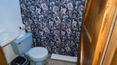 a bathroom with a toilet and a black and white shower curtain at Casa Rural Aralia in Fortuna