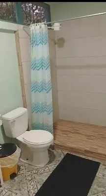 a bathroom with a toilet and a shower curtain at Bijagua Blue Jeans House in Bijagua