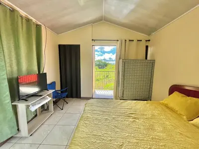 a bedroom with a bed and a desk and a window at Apartment Buenos Aires, Puntarenas in Buenos Aires