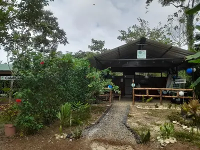 a garden with a black canopy and a picnic table at Chava Camping Rio Celeste in Rio Celeste