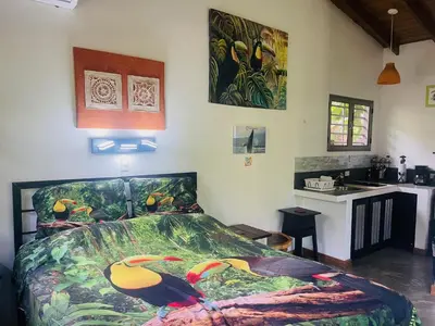 a bedroom with a bed with a colorful comforter at Toucan Villa -riverfront With Pool & Near A Beach in Uvita