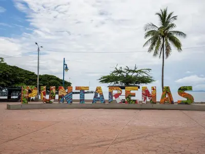 a sign that saysvana with a palm tree in the background at Frente al mar lof in Puntarenas
