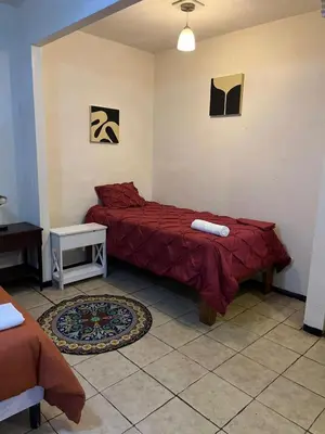 a bedroom with a bed with a red comforter at Frente al mar lof in Puntarenas