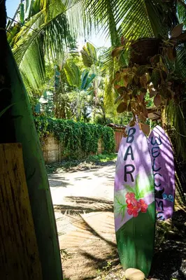 a green and purple vase with the wordarma painted on it at Flutterby House Hostel in Uvita