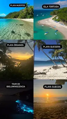 a collage of four pictures of a beach at Casa Ara Macao in Paquera