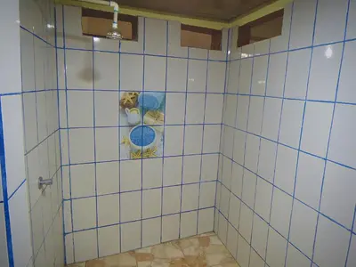 a bathroom with a shower with blue tiles at House la Rose Second Floor in Manuel Antonio