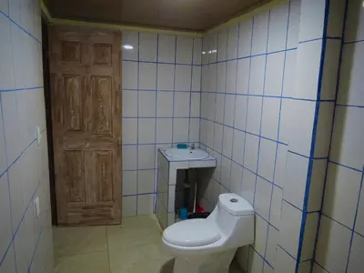 a bathroom with a toilet and a wooden door at House la Rose Second Floor in Manuel Antonio
