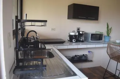 a kitchen counter with a sink and a microwave at Casa Heliconia- La Fortuna in Fortuna