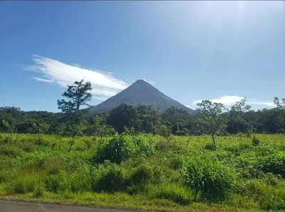 a mountain in the middle of a field with trees at Casa Heliconia- La Fortuna in Fortuna