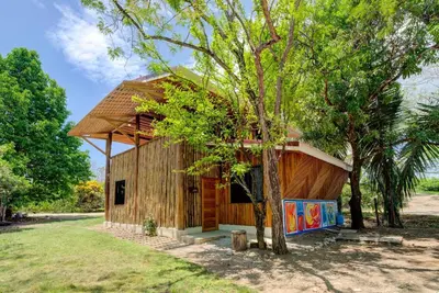 a small wooden house with a tree in front of it at Sámara Tarantela Houses, Casa Bambú in Sámara