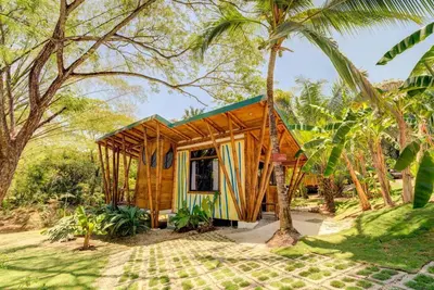 a small wooden house with a tree in front of it at Sámara Tarantela Houses, Casa Guadua in Sámara