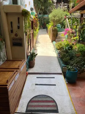a garden path with plants and a building at Posada Nena Santa Ana in Santa Ana