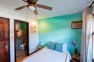 a bedroom with a bed and a ceiling fan at Posada Nena Santa Ana in Santa Ana