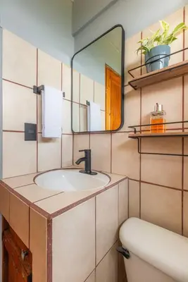 a bathroom with a sink and a mirror and a toilet at The Red Door Mountain Cabin in Guadalupe