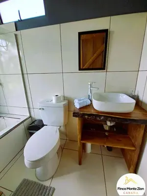 a bathroom with a toilet and a sink at Cabaña Montezion Bijagua in Bijagua