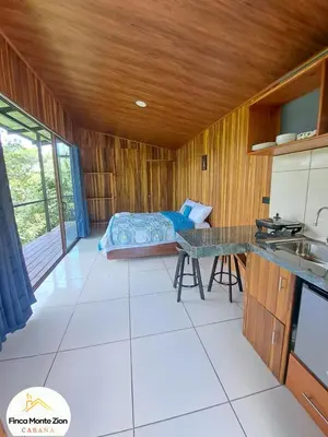 a room with a kitchen and a bed in a room at Cabaña Montezion Bijagua in Bijagua